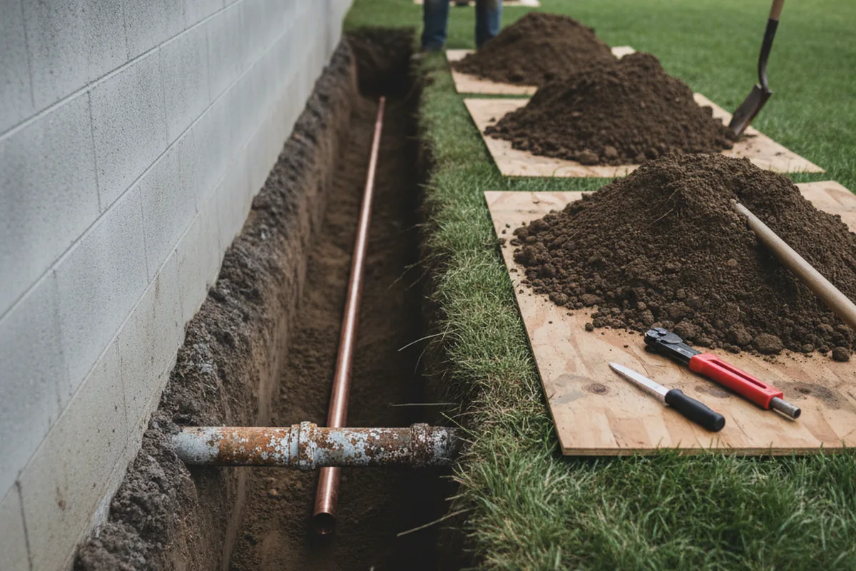 Excavated water line trench during Sewer Line Repair in Arabi
